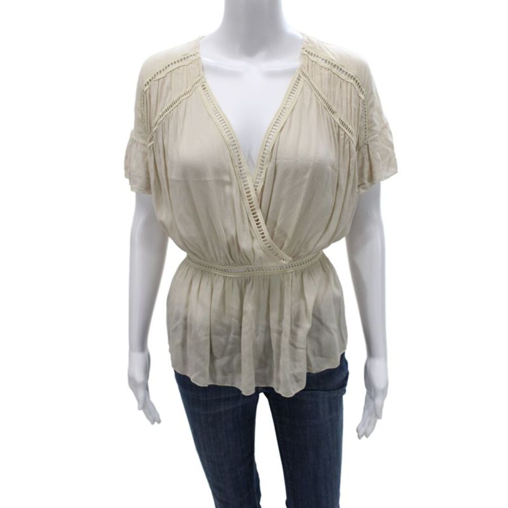 IRO Womens Bohemian Beige V-Neck Short Sleeve Viscose Blouse Size 38